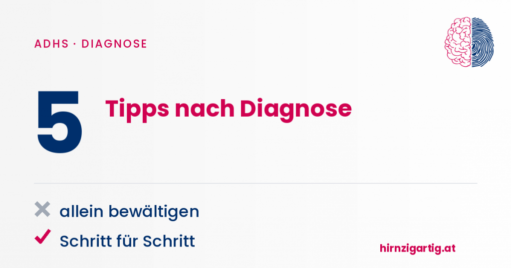 Grafik mit Tipps nach ADHS-Diagnose, Schritt für Schritt Anleitung.