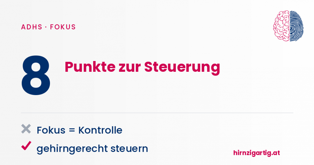 Grafik zeigt 8 Steuerungspunkte bei ADHS, Fokus auf Kontrolle und gehirngerechte Steuerung.