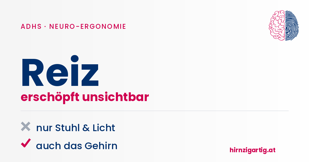 Grafik zeigt Gehirn und Stuhl, Fokus auf Neuro-Ergonomie bei ADHS.