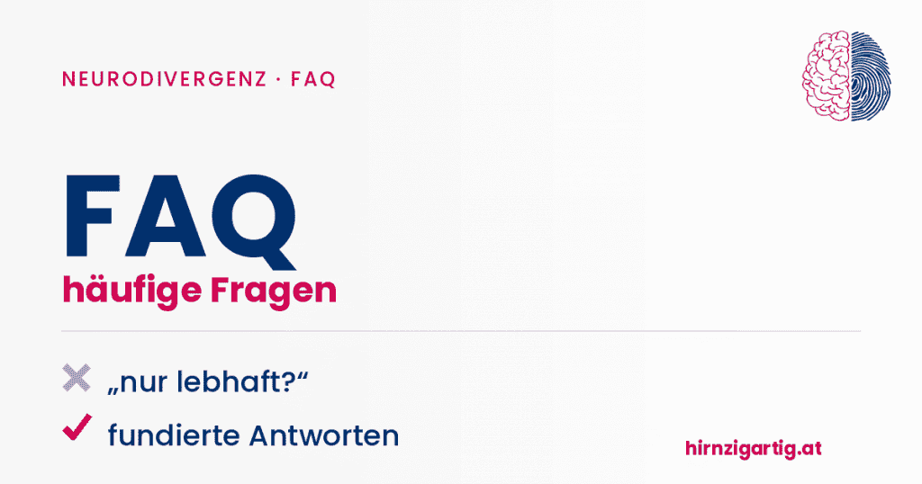 Neurodivergenz FAQ mit Gehirn- und Fingerabdruck-Illustration.