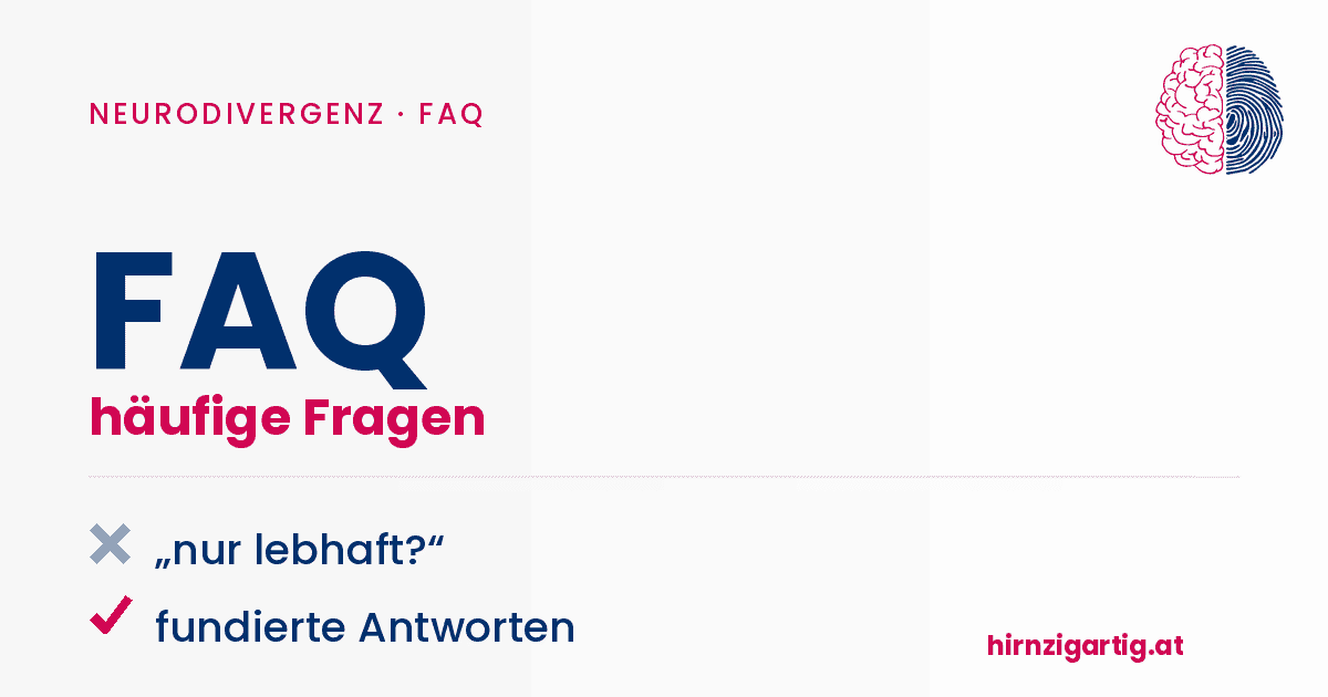 Neurodivergenz FAQ mit Gehirn- und Fingerabdruck-Illustration.