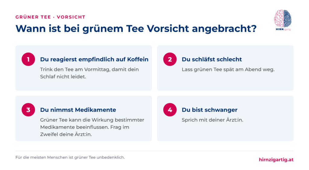 Vier Fälle, in denen bei grünem Tee Vorsicht angebracht ist: Koffeinempfindlichkeit, schlechter Schlaf, Medikamente und Schwangerschaft.