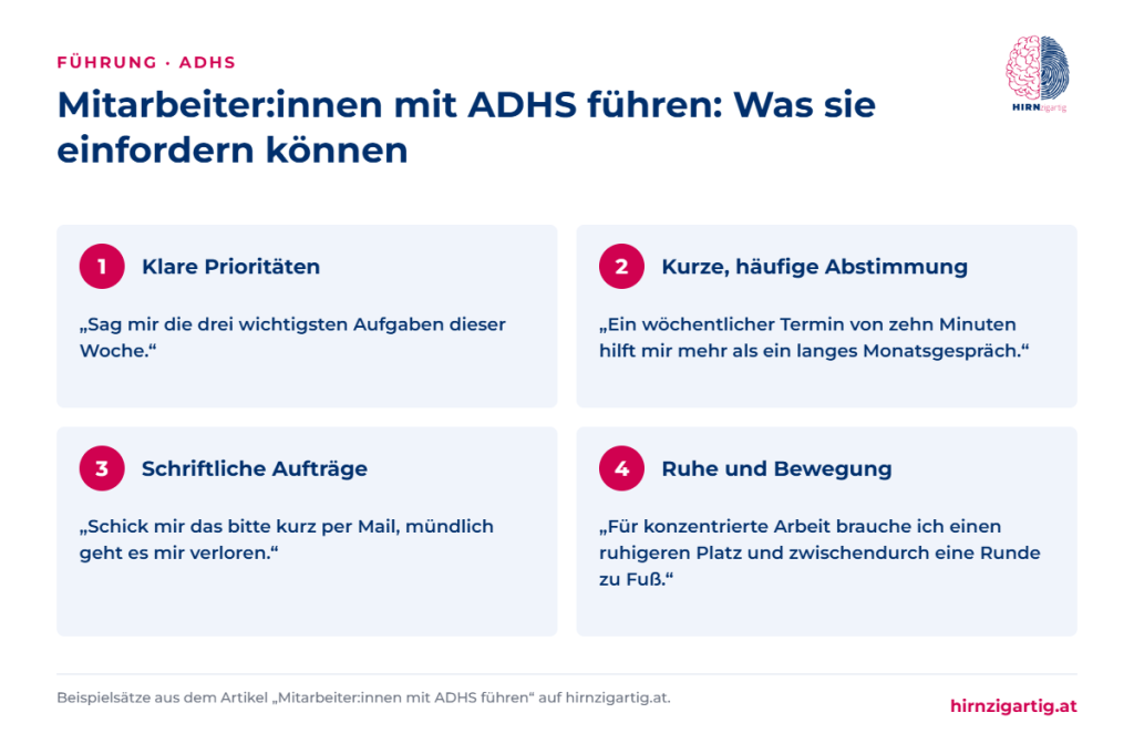 Vier Beispielsätze von Mitarbeiter:innen mit ADHS: klare Prioritäten, kurze Abstimmung, schriftliche Aufträge sowie Ruhe und Bewegung.
