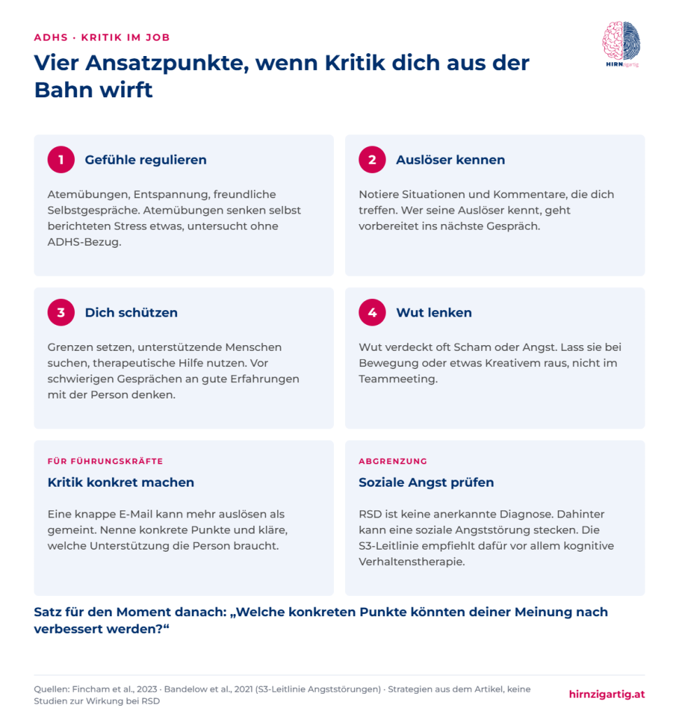 Vier Kacheln mit Ansatzpunkten bei starker Reaktion auf Kritik: Gefühle regulieren, Auslöser kennen, dich schützen, Wut lenken. Darunter ein Hinweis für Führungskräfte und die Abgrenzung zur sozialen Angststörung.